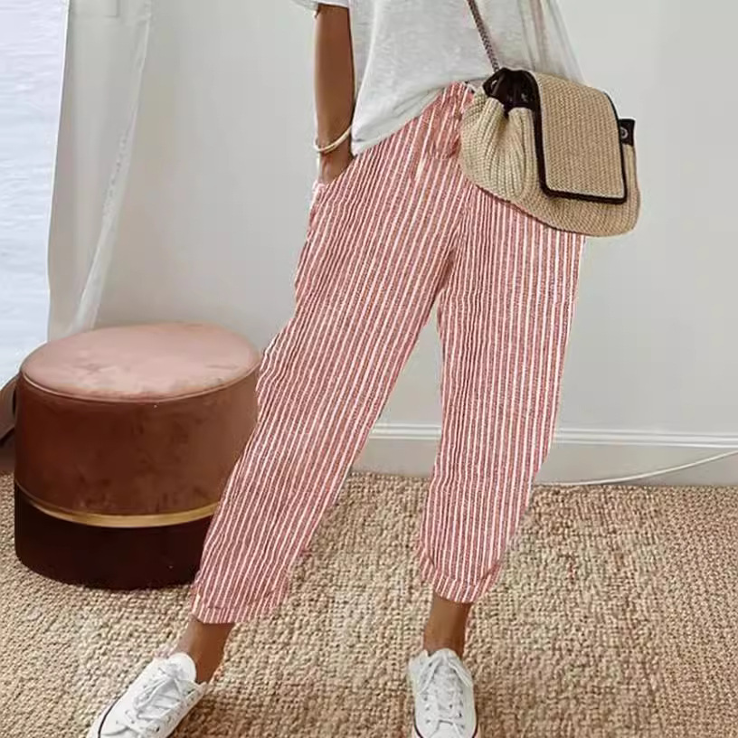 2024 Summer New Fashion Amazon Independent Store Stripe Casual Pants Loose Elastic Waist Women 