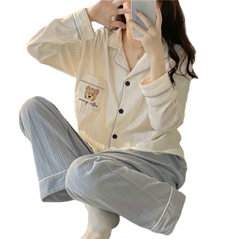 Japanese style pajamas women's autumn and winter cardigan ins sweet simple student bear cute cartoon spring home wear suit