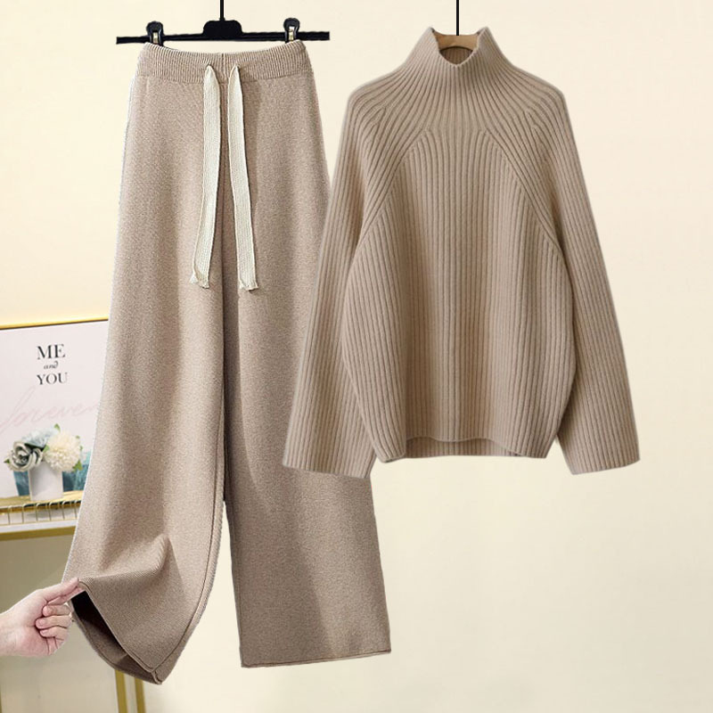 Korean style lazy style suit women's 2023 new autumn and winter thickened thick wool sweater draping wide-leg pants two-piece set