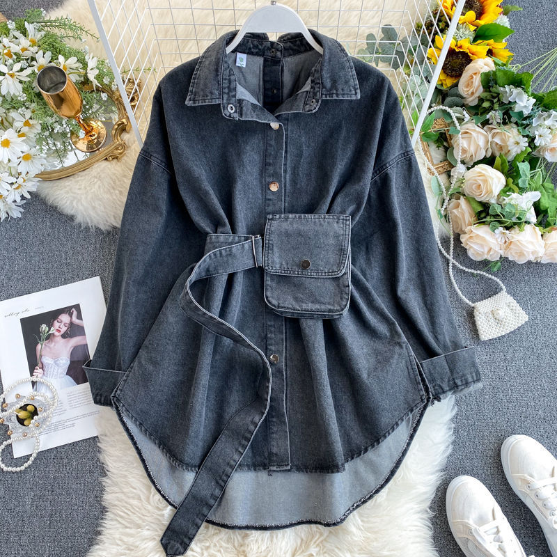 European and American Foreign Trade Cross-border Independent Station Women's Clothing Design Sense Lace-up Waist Backless Multi-wear Bag Denim Shirt Women