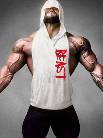 European and American Fitness Sports Hooded Vest Cotton European Size Sweat Pocket Hooded Letter Printed Hooded Sleeveless Sweater