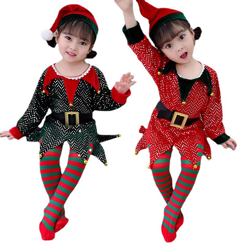 Christmas clothing children's clothing girls' dress red green elf Christmas theme baby photo clothing