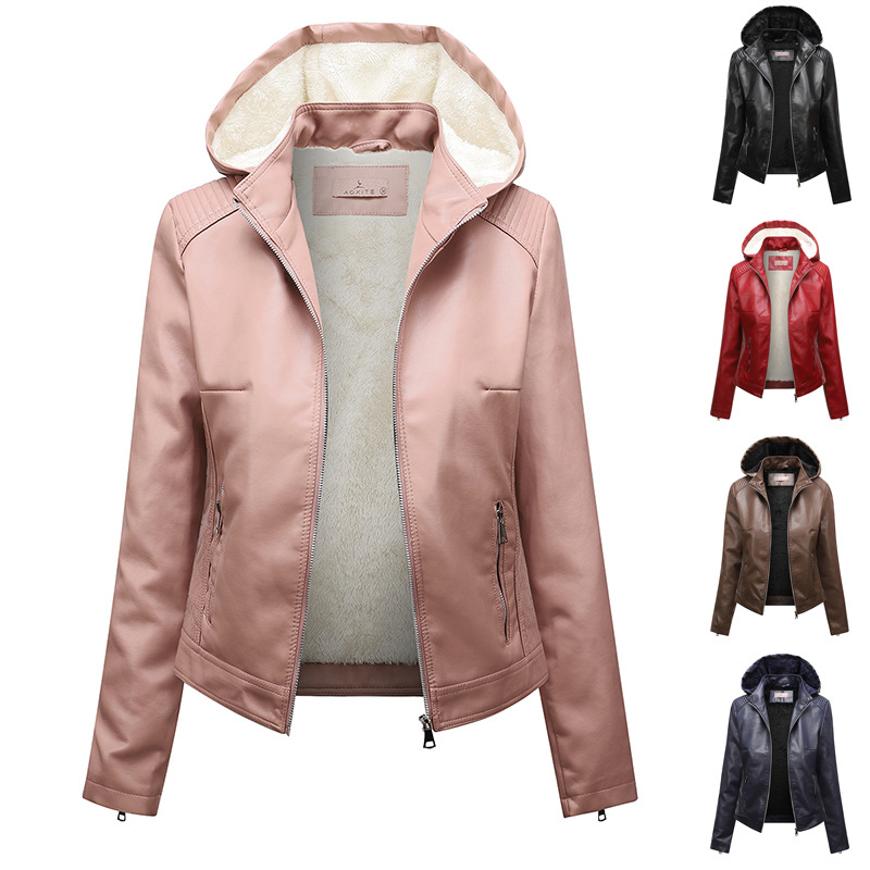 6XL Cross-border Hooded Fleece-lined Leather Jacket Women's Wear Removable Large Size Leather Jacket Women's Spring and Autumn Coat Women's PU Washable Leather