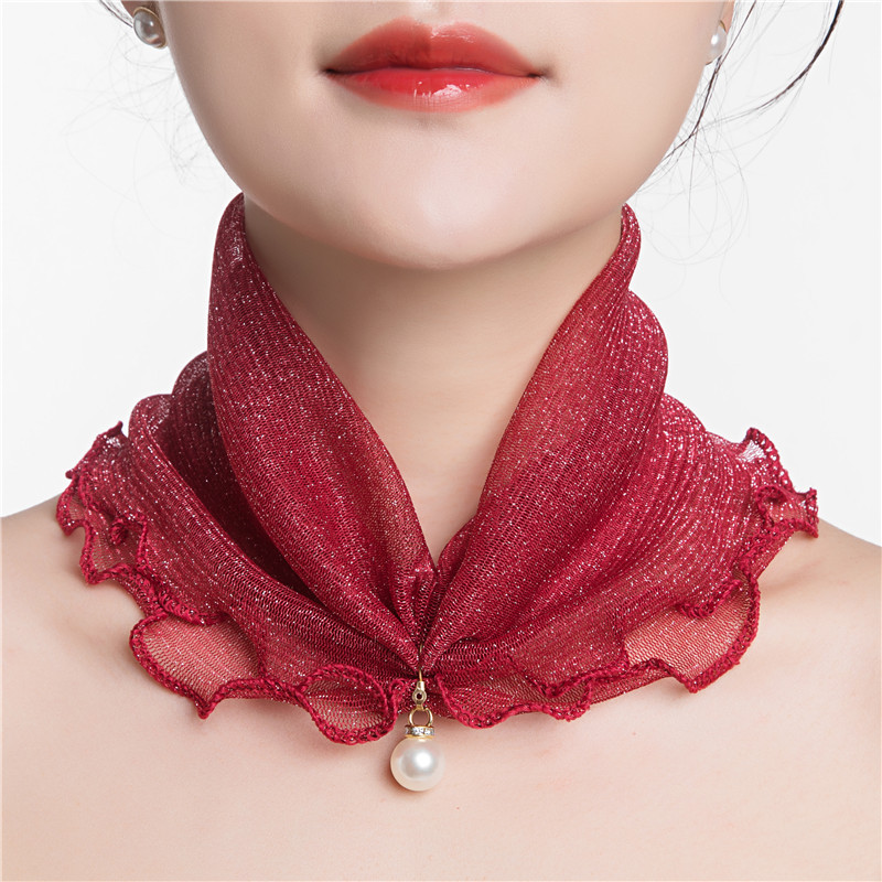 Solid Color Pearl Pendant Gold Silk Scarf Women's Spring and Summer Decorative Neck Protection All-match Neck Sleeve Fashionable Small Silk Scarf Breathable Sun Protection