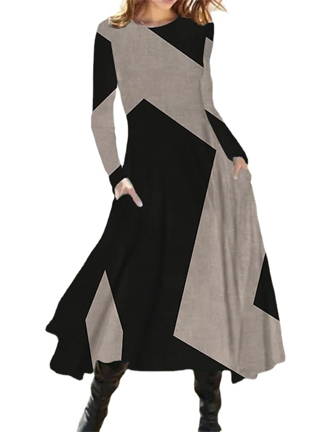 2022 cross-border European and American women's casual European and American ethnic style retro fashion autumn and winter long sleeve oversized swing dress