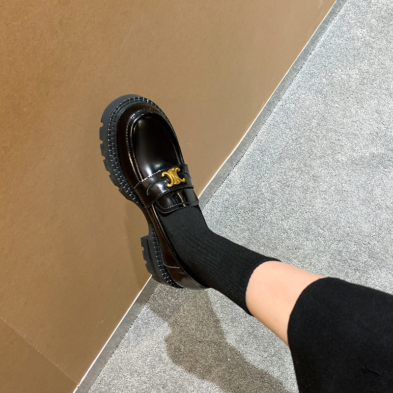 Loafers Thick-soled English Arc de Triomphe Shoes Women's Heightened Black Slip-on Round-toed fleece-lined Leather Shoes
