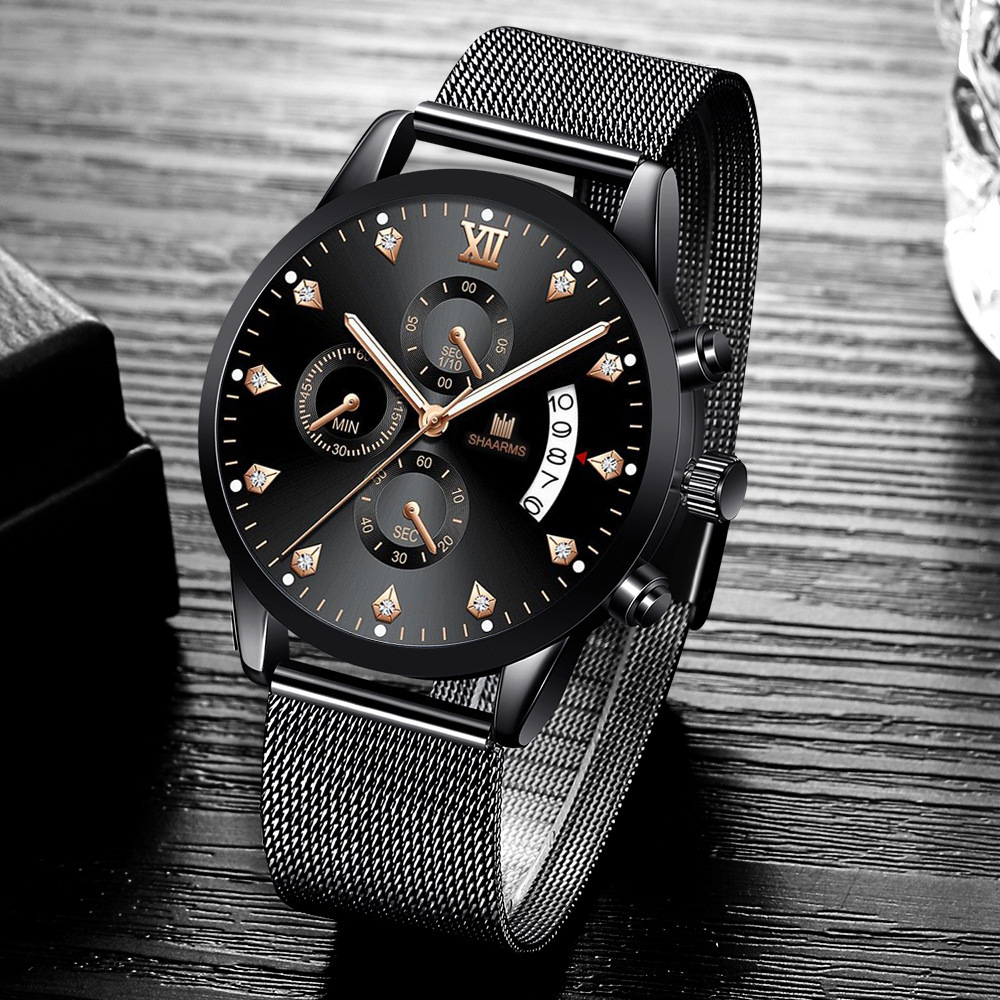 wish Men's Quartz Watch Personalized Trendy Roman Carved Holiday Three-eye Alloy Mesh Band Calendar Watch for Men