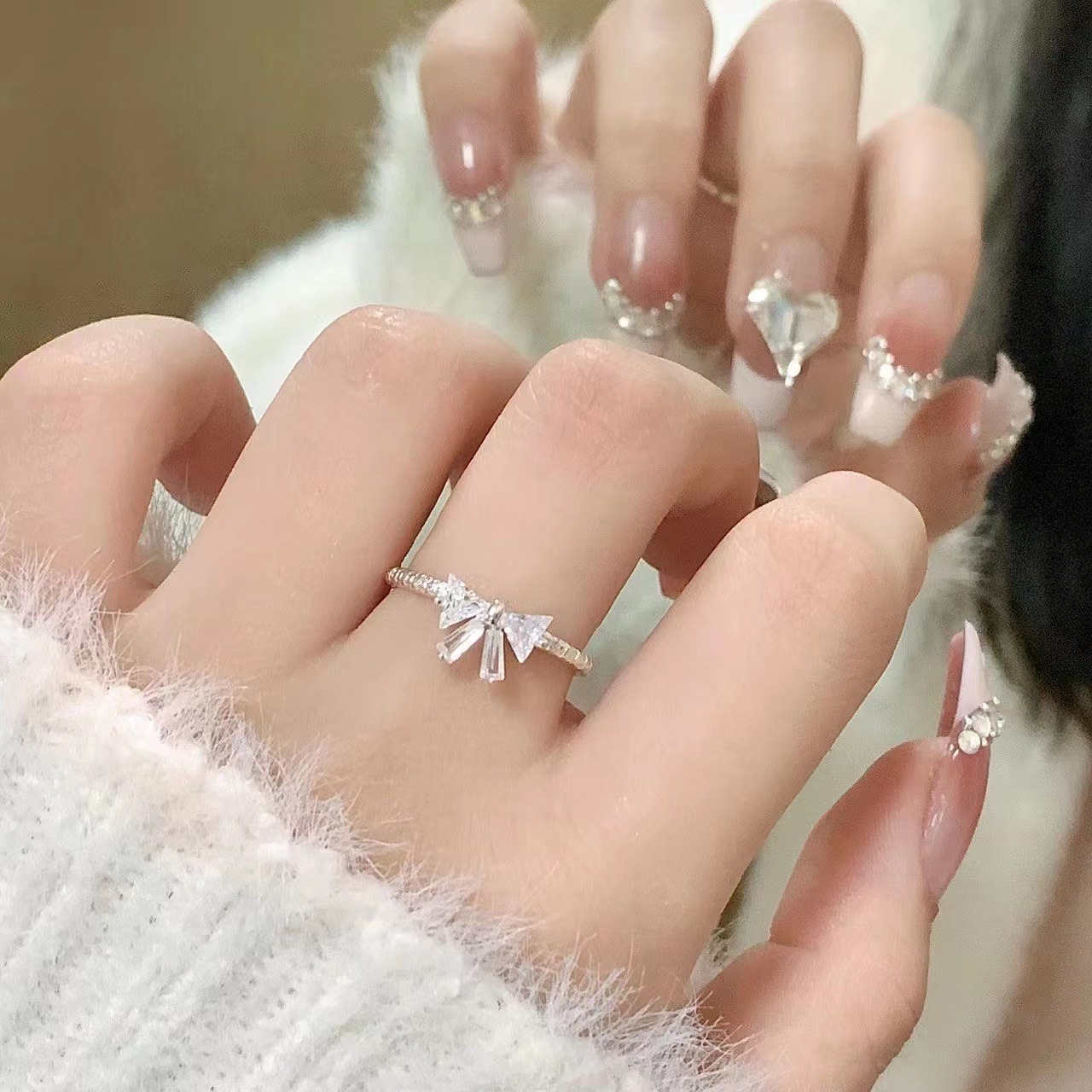 "Time Princess" ragazza cuore tutto-fiammifero dolce temperamento fiocco argento anello aperto anello regolabile_voghion.com