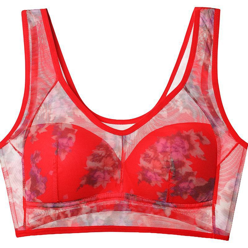 Women's thin vest-style top collection breast beauty back plus size bra printed seamless mesh wireless bra