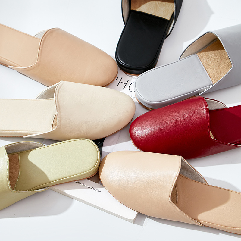High-grade Leather Slippers Women's Summer Wear High-grade Office Baotou Slippers Women's Indoor Home Non-slip Beef Bottom