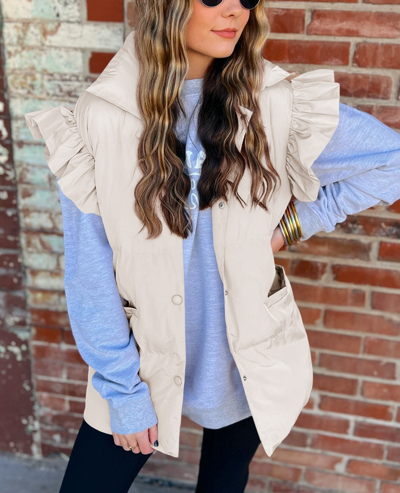 Grenzüberschreitende europäische und amerikanische Herbst- und Winterneuheiten mit lockerer Tasche und Baumwollpolsterung, fliegende Ärmel, elegante Weste, Stehkragen, Mode, Einreiher_voghion.com