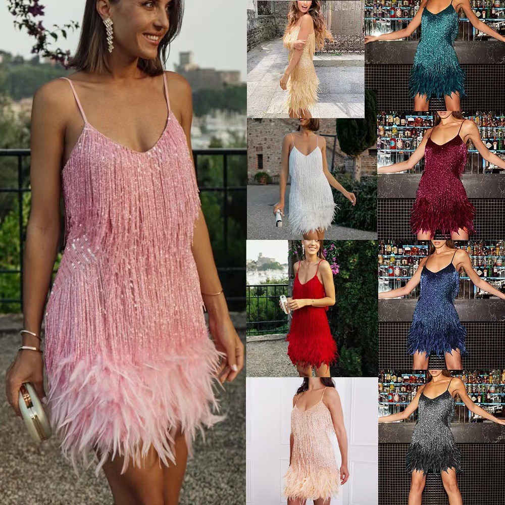 2024 fashion tassel sequins multicolor birthday party sexy V-neck sling feather stitching dress dress