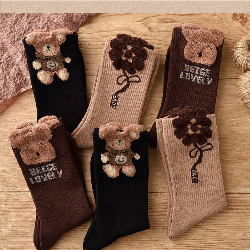 Feather yarn Brown cute plush bear socks women's mid-calf length socks Japanese autumn and winter stockings