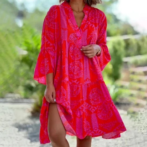 2023 Women's Cross-border Spring and Summer New eaby Amazon Explosions V-neck Horn Sleeve Cake Stitching dress