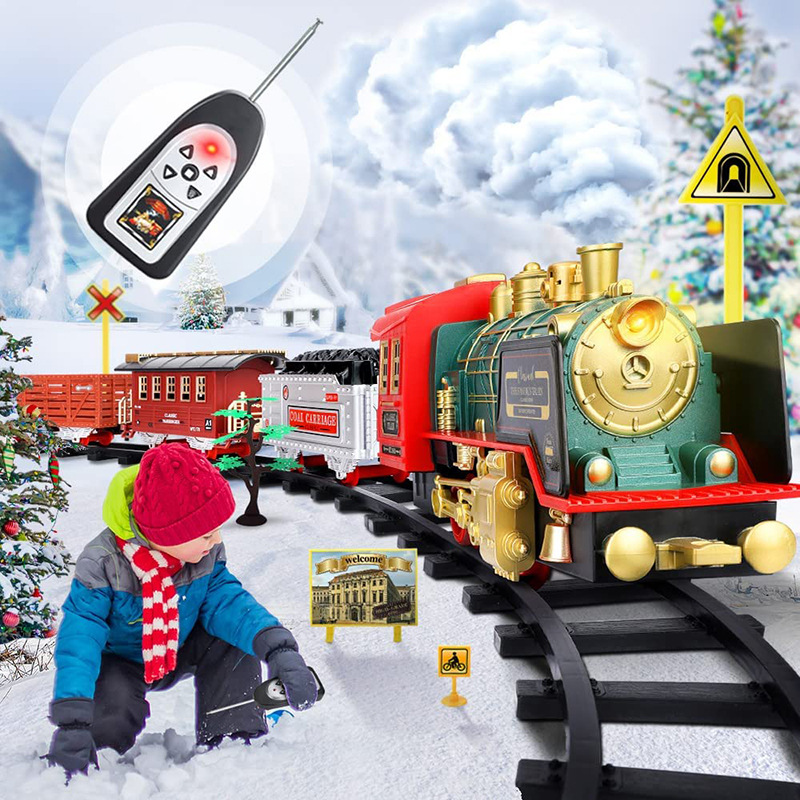 Cross-border hot sale electric remote control classical steam train light music spray rail car children's toy locomotive