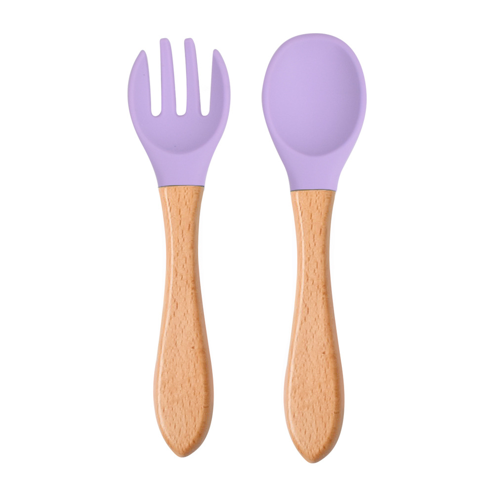 Food Grade Children's Wooden Handle Silicone Spoon Fork Tableware Baby Training Complementary Food Spoon Baby Feeding Spoon Fork