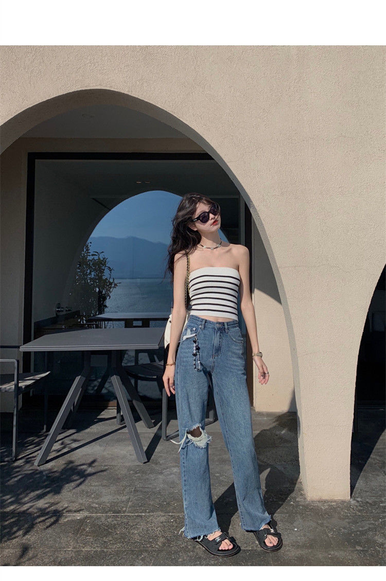 Strapless Tube Top Beautiful Back Outer Wear Spice Sling Top Design Sense Summer Striped Knitted Ice Silk Small Vest for Women