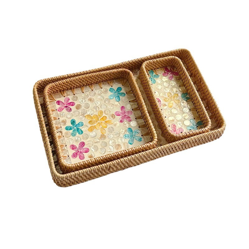 Vietnam rattan shell tray fruit plate rectangular tray household living room dining room light luxury storage basket storage tray