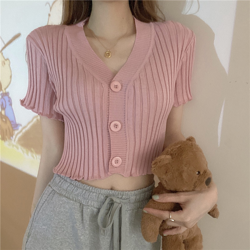 2023 New Retro French Slim Fit Short V-Neck Sweater Short Sleeve Top Cardigan Women