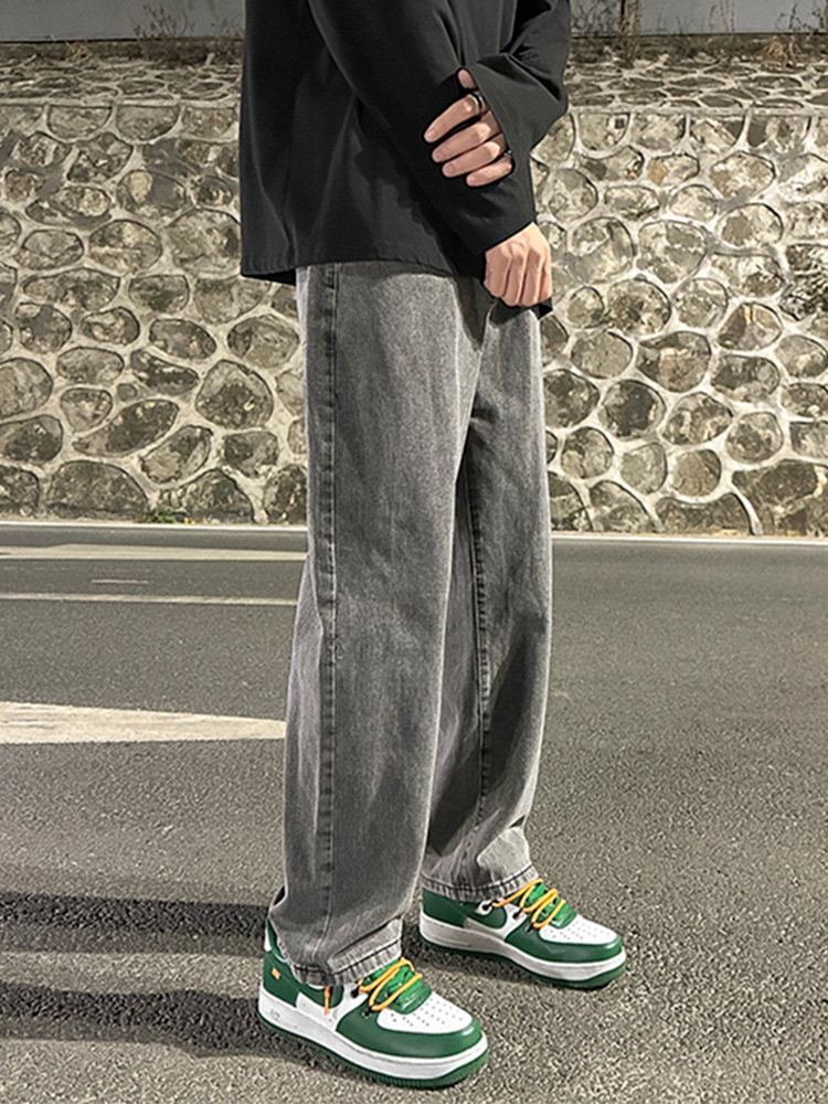 Smoky gray jeans men's loose wide-leg pants men's spring new Hong Kong style ins fashion brand straight trousers men