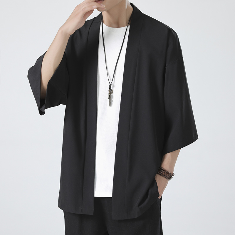2023 Summer Men's Simple Solid Color Cardigan Ice Silk Casual Loose Chinese Style Seven-Sleeve Shirt Trench Coat for Men