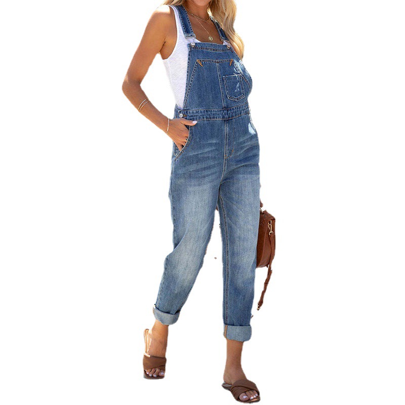 Amazon eBay Hot Jumpsuit Women's 2023 European and American New Elegant Commuter Fashion Washed Denim Strappy Pants