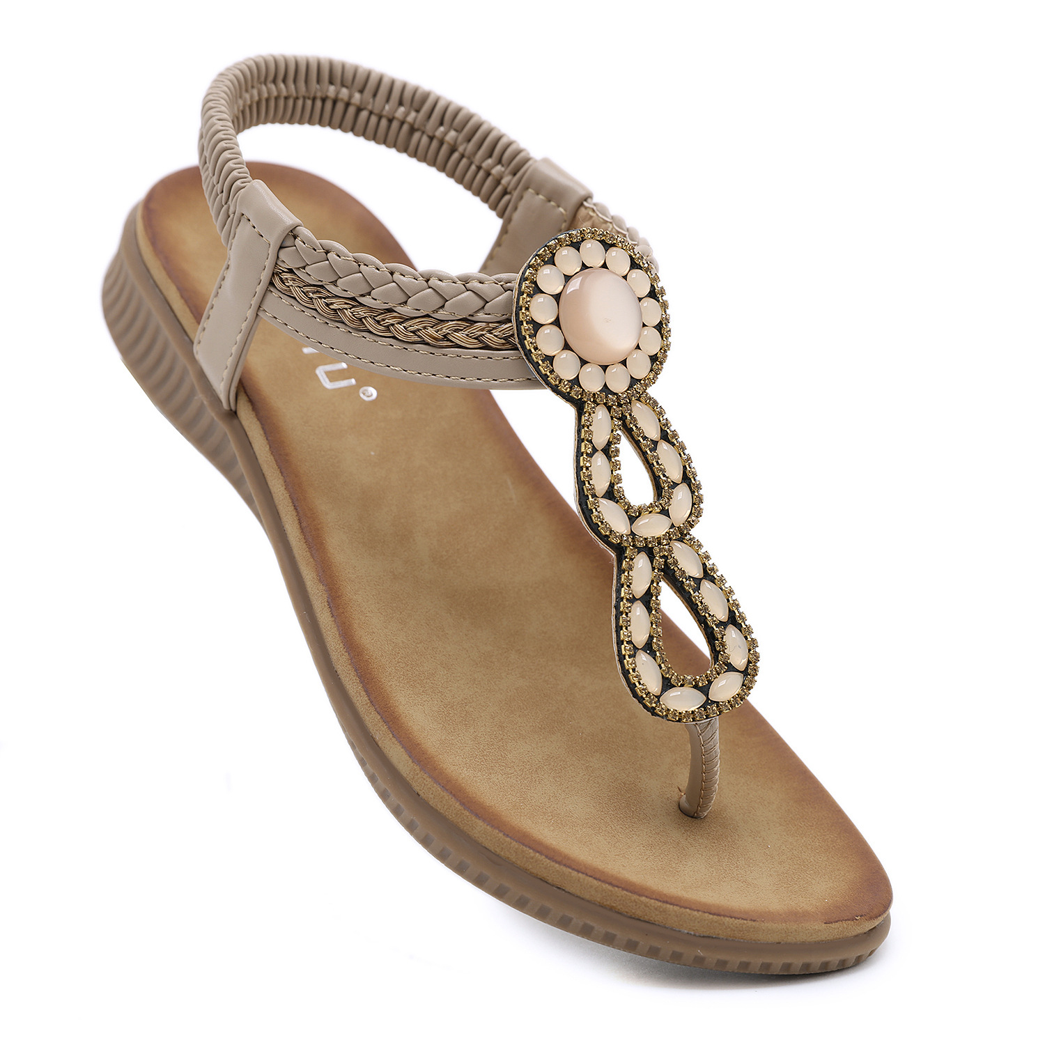 Spot 2024 New European and American Sandals Bohemian Rhinestone Comfortable Round-toe Seaside Holiday Large Size Flat Shoes
