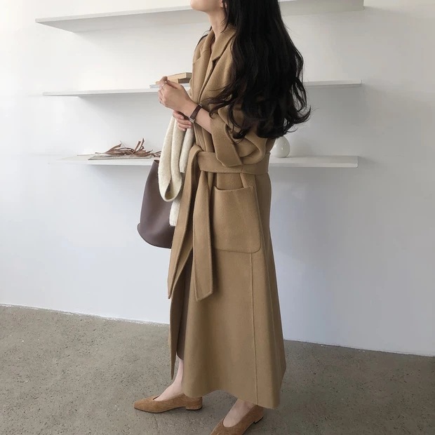 South Korea Dongdaemun 2023 autumn and winter New lace-up cashmere coat Women's Mid-length loose over-the-knee woolen coat_voghion.com