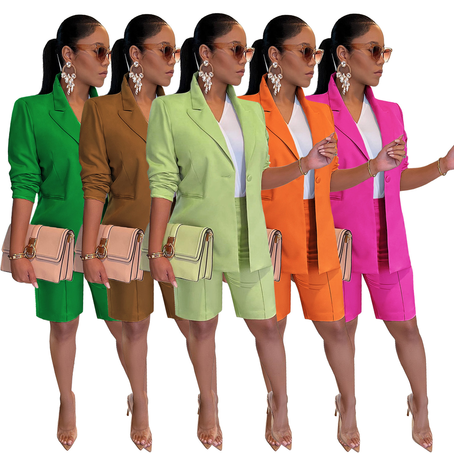 AL205 Amazon Independent Station European and American Women's Suit Jacket Shorts Set OL Office Commuting Solid Color Spring and Autumn