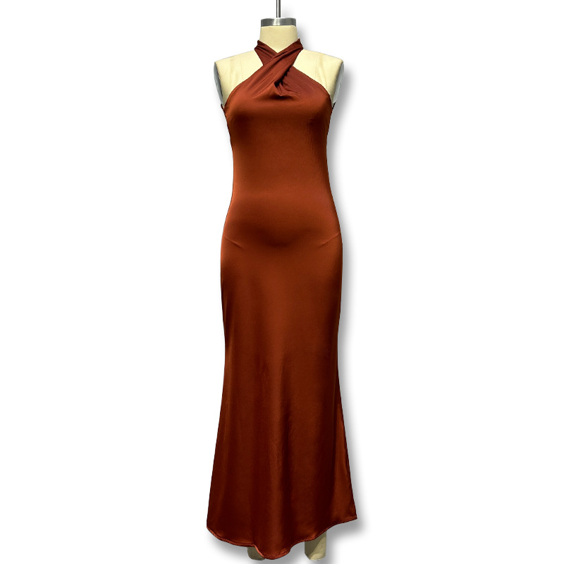 New Women's Solid Color Sleeveless Neck Slim-fit Sexy dress Slim-fit Backless Fishtail Long Dress