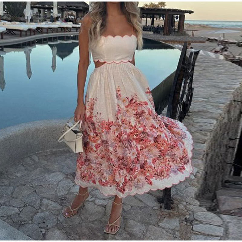 Fashion strap printed dress 2024 summer sleeveless slim ladies holiday A dress