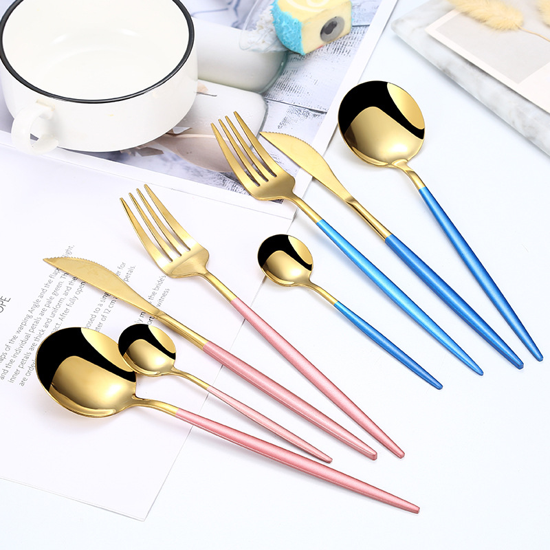 304 stainless steel knife and fork spoon Portuguese steak knife and fork Western food hotel tableware creative green gold knife and fork spoon set