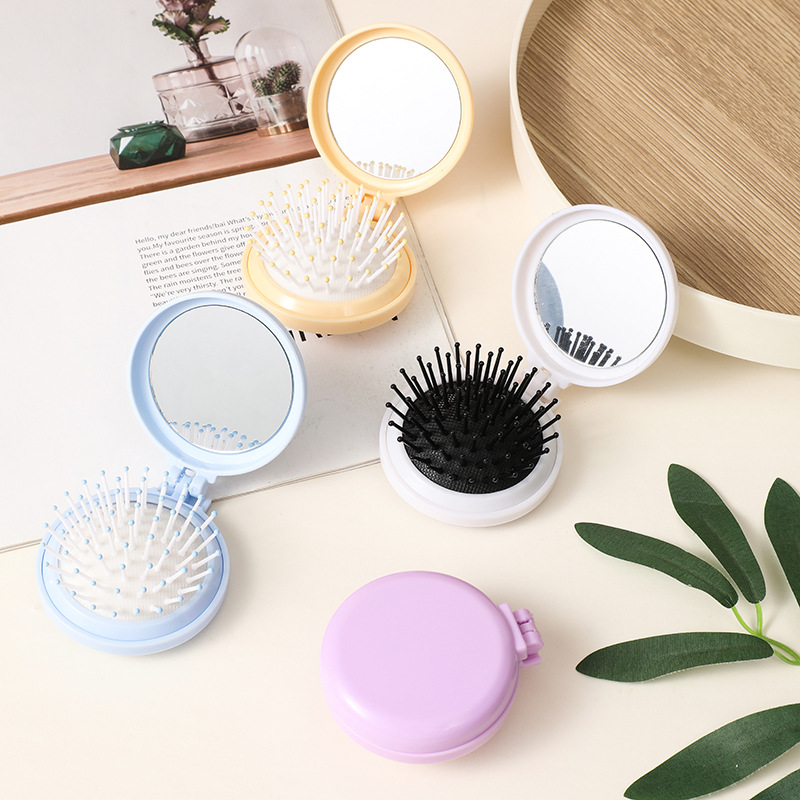 Folding cute mini portable round airbag mirror comb integrated comb with mirror flip ins style factory wholesale