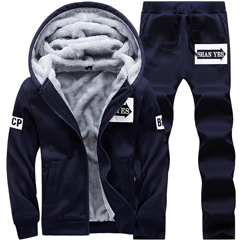 Men's Winter Fleece-lined Thickened Sweater Men's Autumn and Winter Warm Clothes Pants Set Sportswear Baseball Shirt