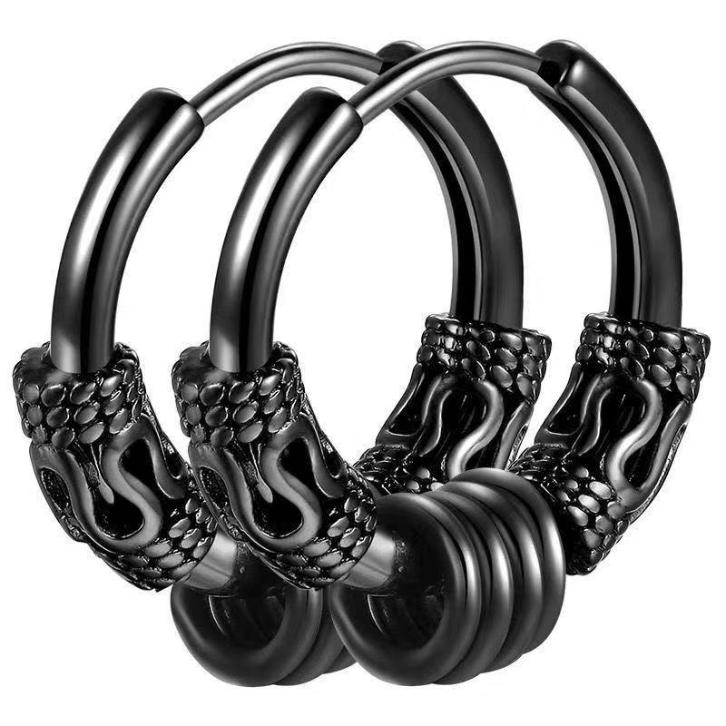 潮流韩版耳环男霸气个性龙纹国风图腾耳环钛钢304圆线耳扣厂家