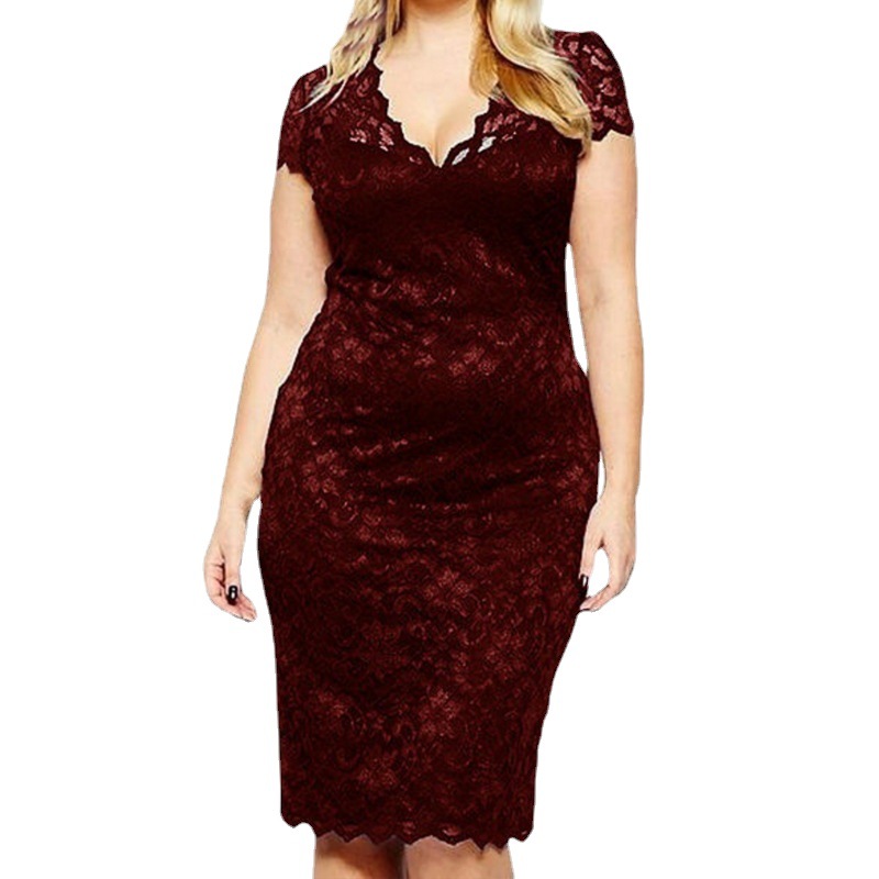 INS Amazon 2021 New V-neck dress AliExpress European and American spring and summer short sleeve large size lace dress women's clothing