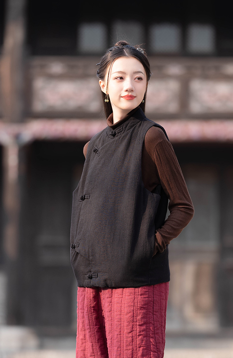 23 cotton and linen women's clothing New National style vintage buckle cotton vest top women's sand wash linen quilted warm vest_voghion.com