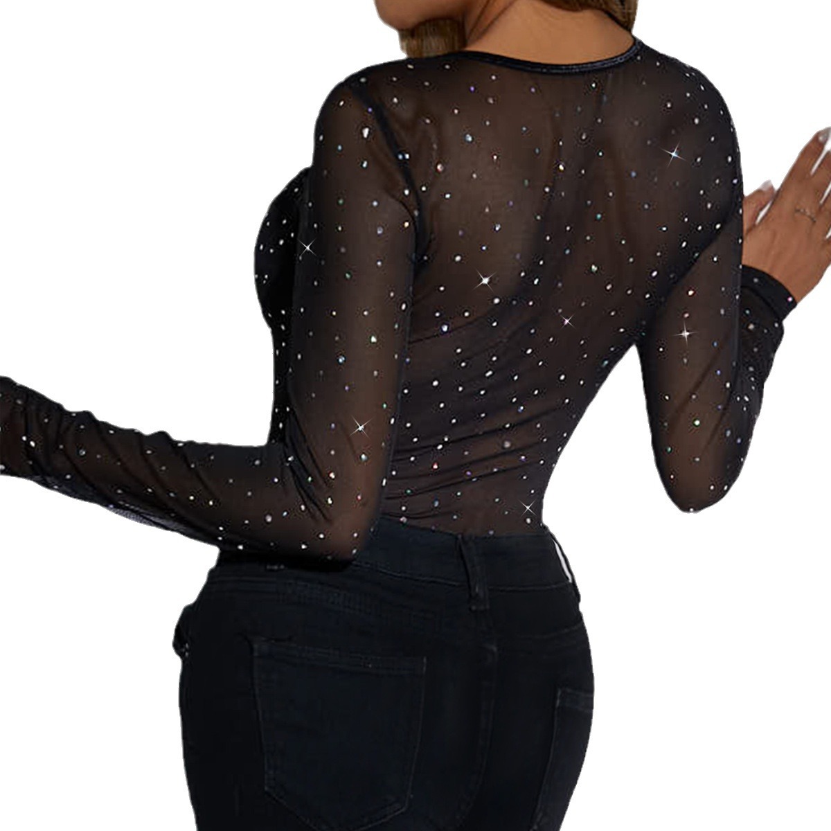 European and American street sequined sexy see-through underwire slim fit autumn long-sleeved mesh slimming breathable jumpsuit A1289