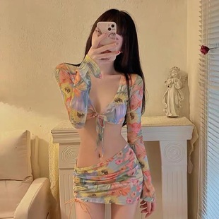 Bikini Sexy Spice Girl V-neck Chest Lace-up Floral Mesh Ultra-thin T-shirt Briefs Hip Skirt Seaside Vacation