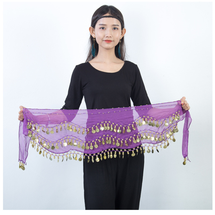Belly dance waist chain practice hip towel dance clothing Festival performance waist towel chiffon waist chain gold coin silver coin