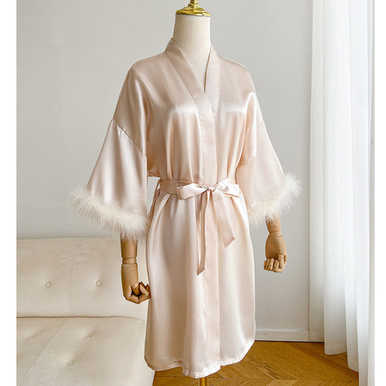 French Style Nightgown Women's Summer High-end 2024 New Style Sexy Morning Gown Imitation Silk Pajamas Long-sleeved Outer Gown Spring and Autumn