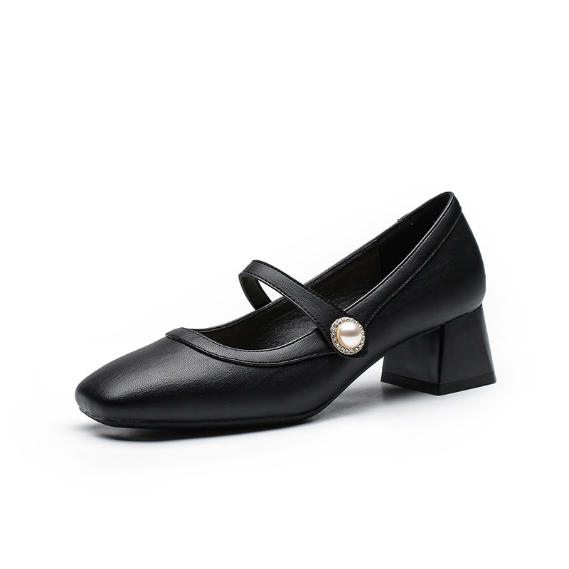 Spring 2024 New Style Square Head Soft Leather Soft Bottom Thick Heel Single-layer Shoes Women's Fashionable Internet Popular Style Women's Shoes with Mary Jane