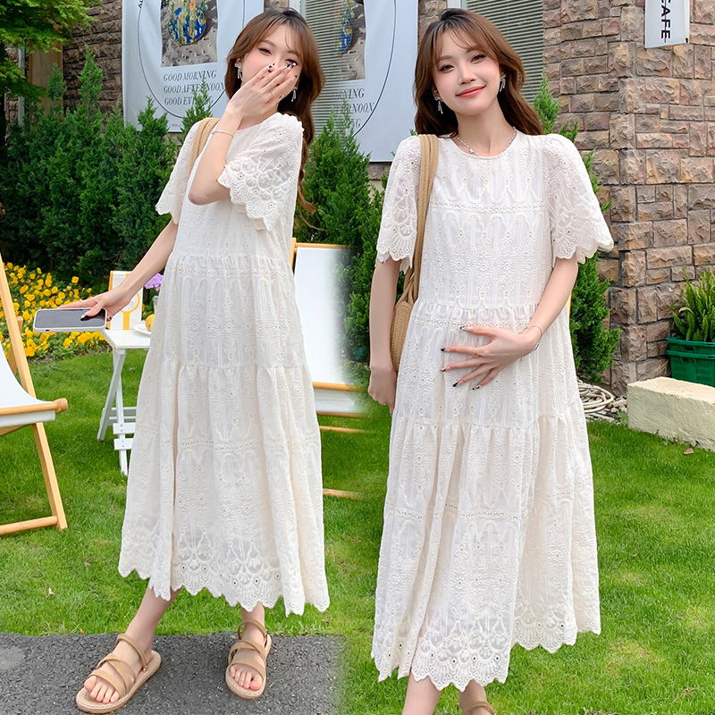 Maternity dress summer dress dress plus size embroidered over-the-knee dress loose short sleeve top summer long summer dress