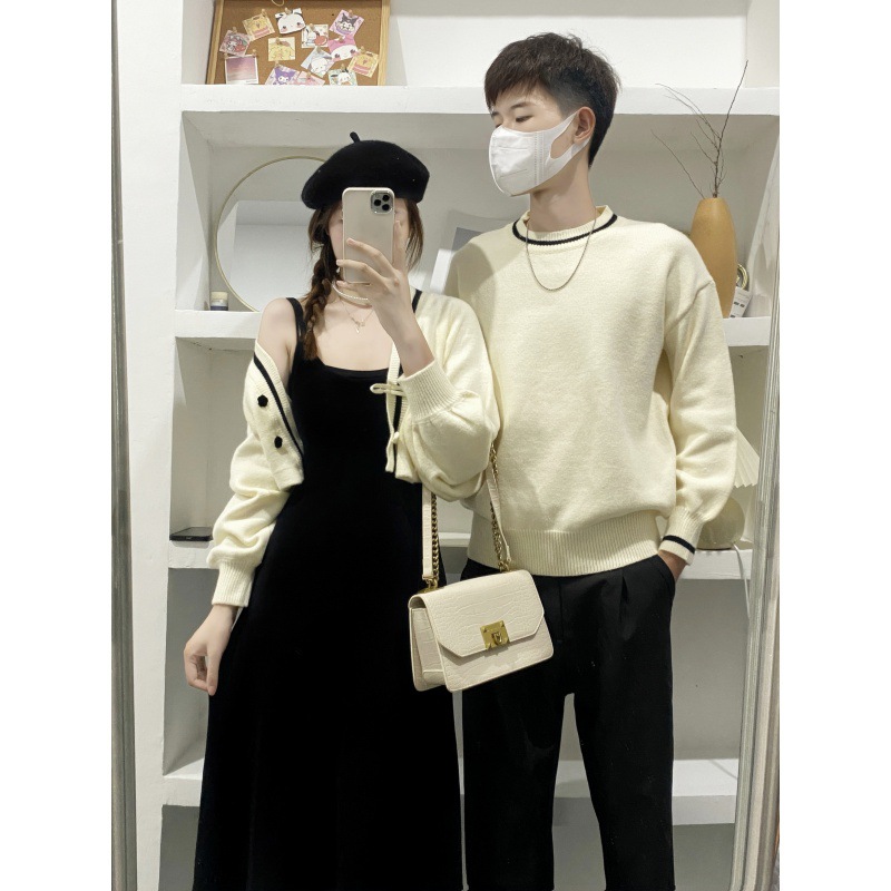 2023 autumn and winter French style Platycodon grandiflorum two-piece women's sweater dress suit men's round neck sweater couple wear