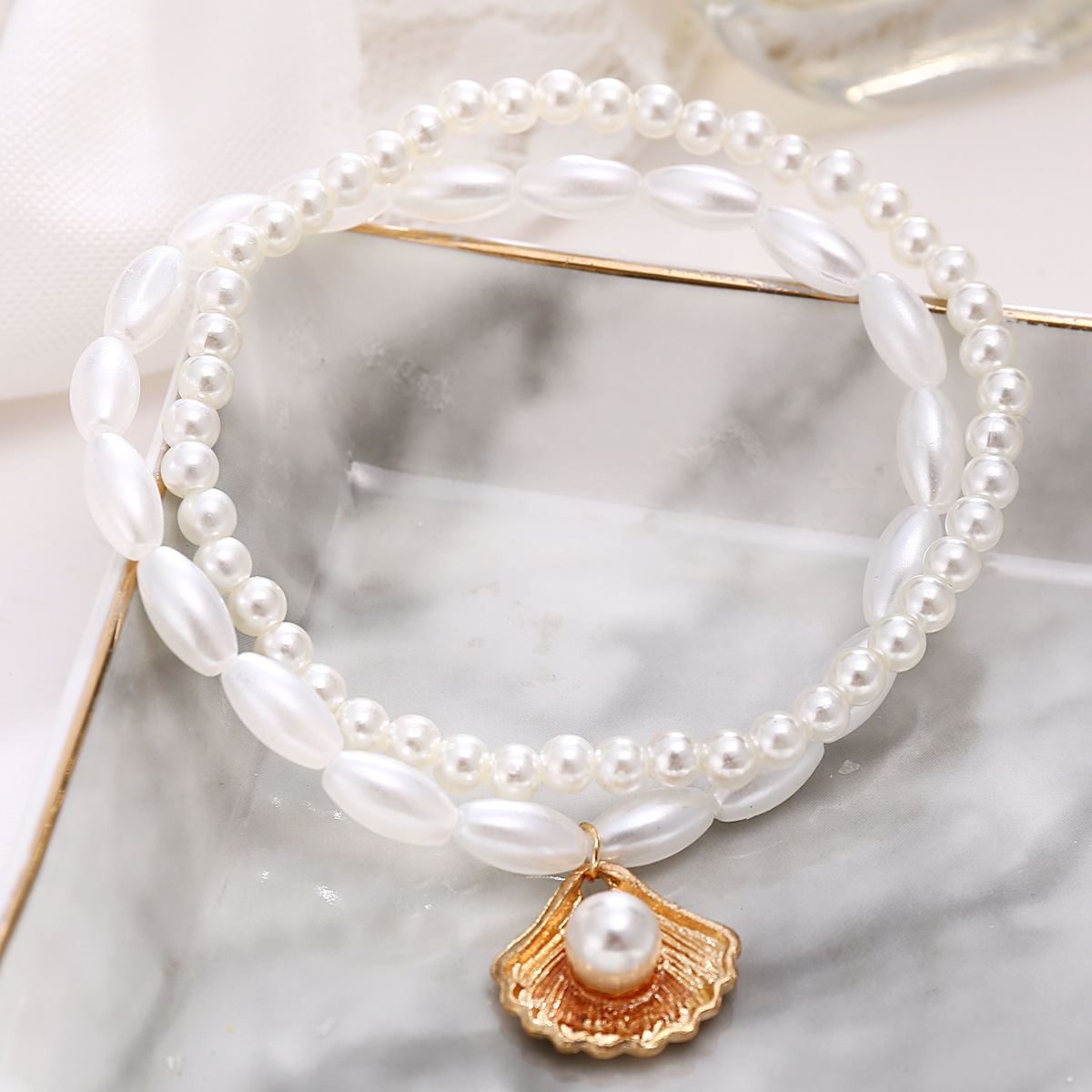 5379 Xiaotong Europe and the United States cross-border new simple artificial pearl fan shell pendant anklet creative retro foot decoration