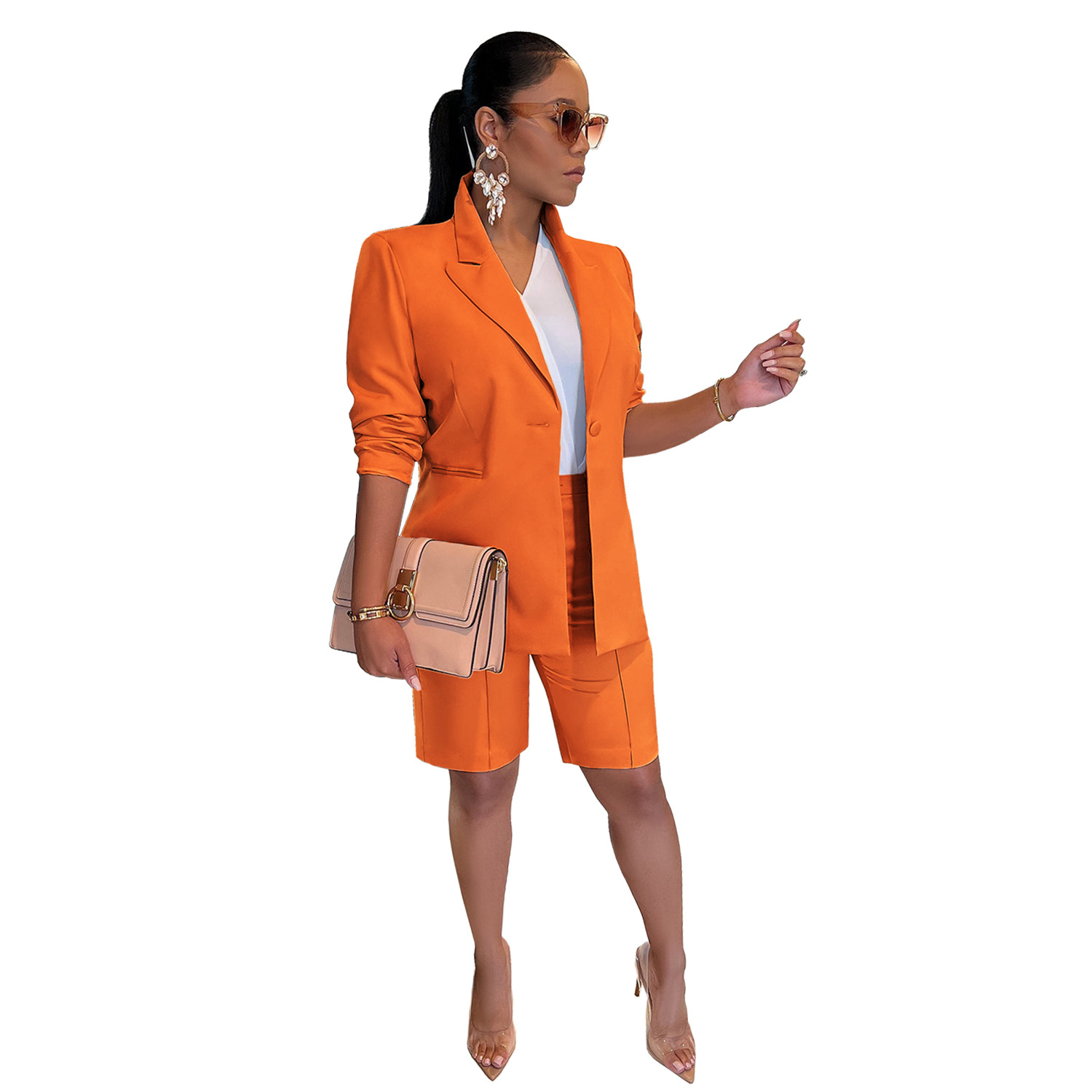 AL205 Amazon Independent Station European and American Women's Suit Jacket Shorts Set OL Office Commuting Solid Color Spring and Autumn
