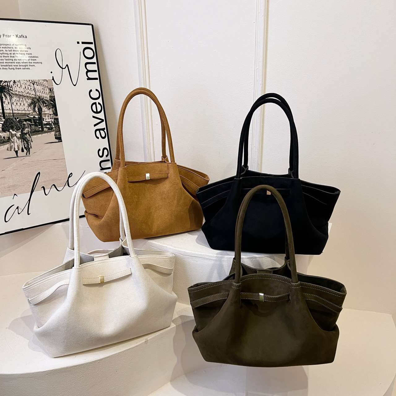 Cross-border large-capacity frosted tote bag 2025 pleated retro Deme.llier wing bag shoulder underarm bag