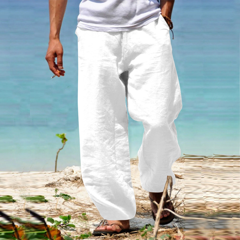 European and American Cotton and Linen Casual Pants 2024 Spring New Men's Loose Cotton and Linen Drawstring Hip-Hop Light Wide Leg Straight Pants Men's Wear