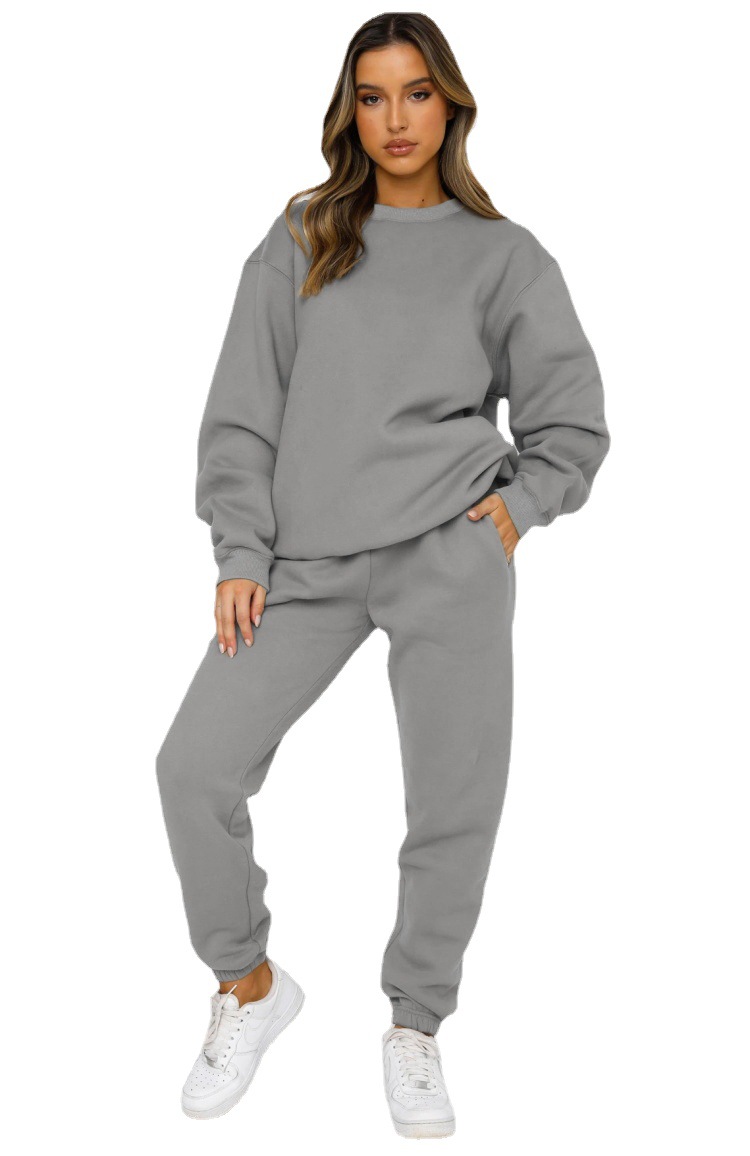Cross-border European and American Autumn and Winter Solid Color Round Neck Pullover Trousers Women's Fashion Casual Long Sleeve Sweater Suit New Product
