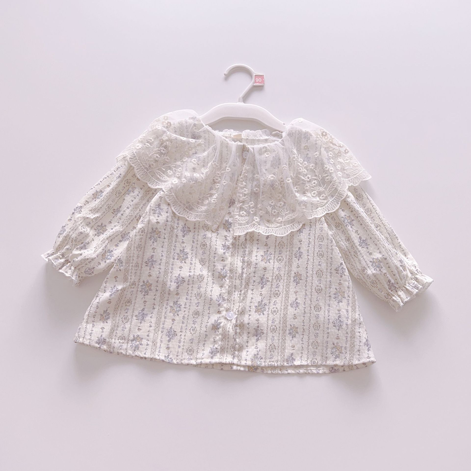 Japanese children's clothing 90-110 children's girls long sleeve lace large lapel shirt cotton jacquard embroidery button